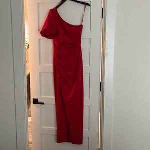 Betsy & Adam Red one shoulder Gown